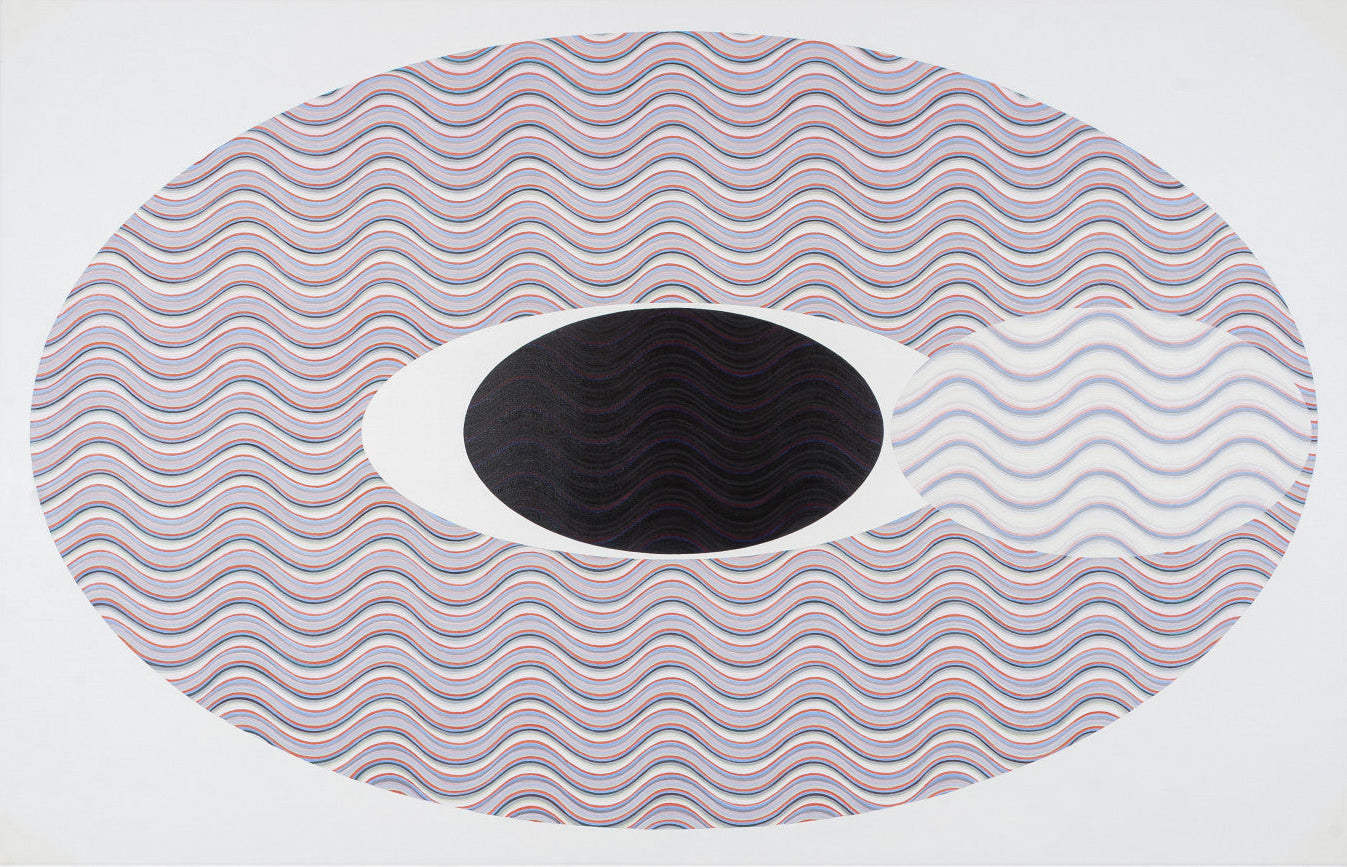 Abstract design with wavy patterns and a central black circle on a white background