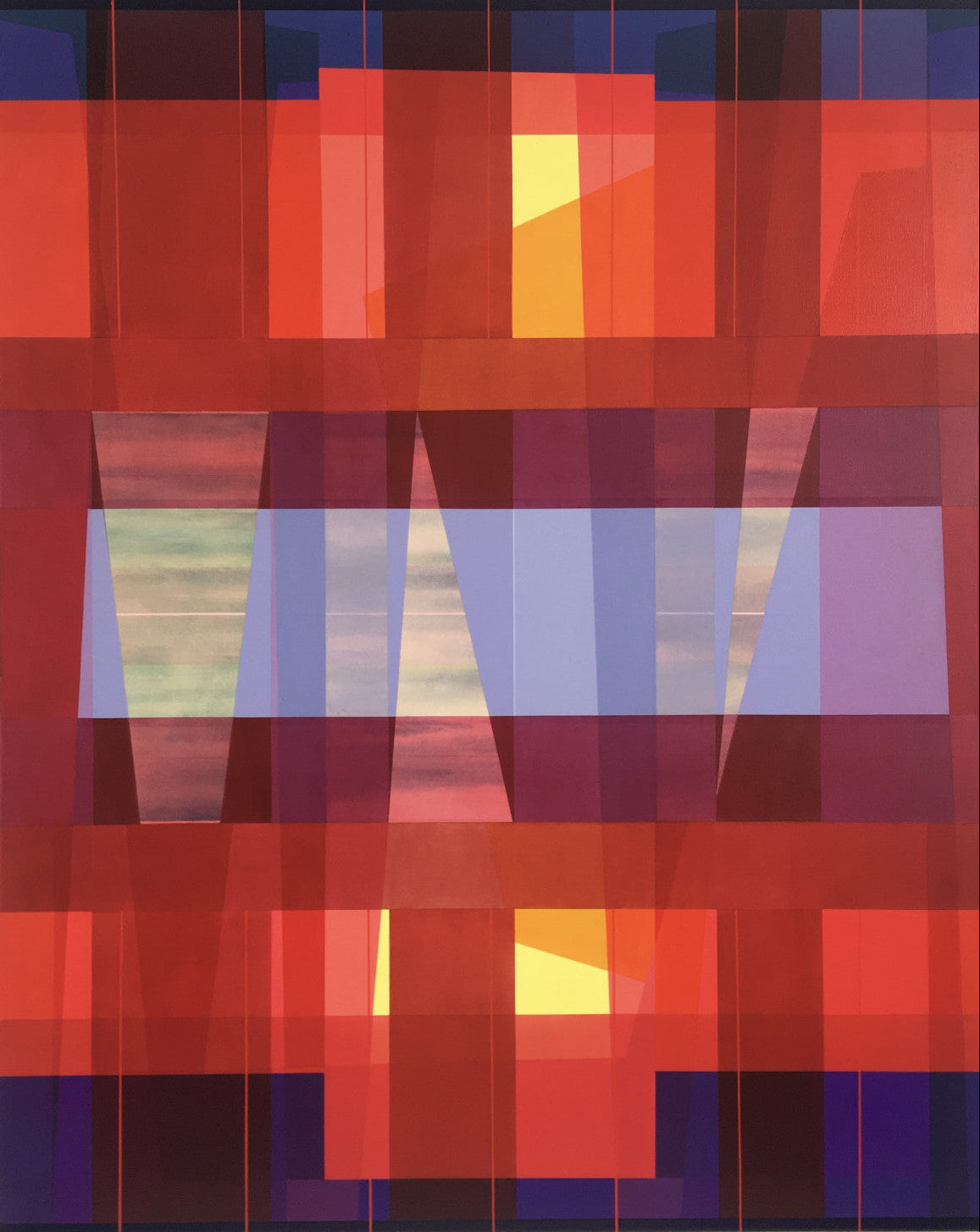 Abstract artwork with geometric shapes in red, orange, and blue on a white background