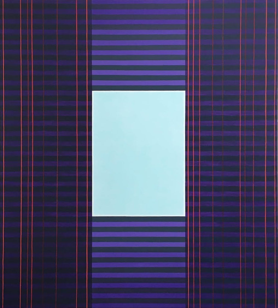 Abstract art piece with blue square and purple stripes on a beige background